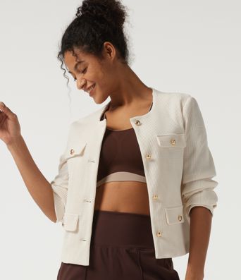 Round Neck Long Sleeve Waffle Casual Jacket
