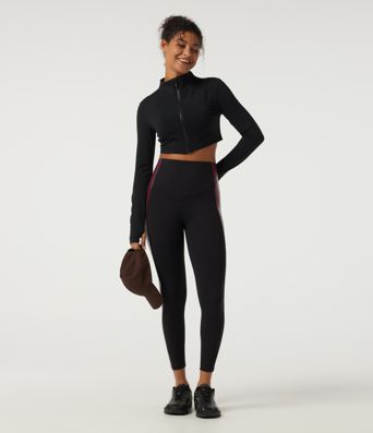 High-Waist Yoga-Leggings aus dehnbarem PU mit bauchformendem Effekt, Color-Block-Design und Tasche
