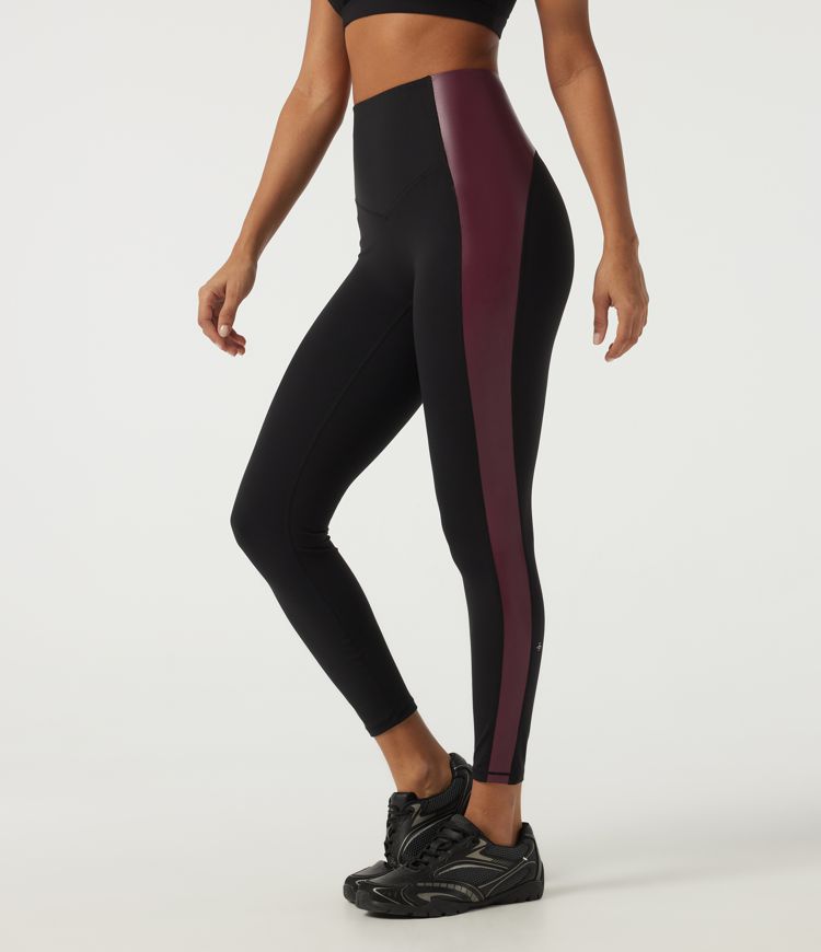 High Waisted Tummy Control Color Block Stretchy PU Yoga Leggings with Pocket