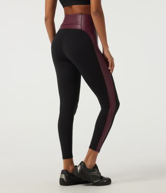 High-Waist Yoga-Leggings aus dehnbarem PU mit bauchformendem Effekt, Color-Block-Design und Tasche