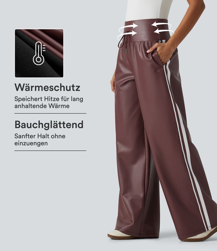 Lässige Fleece-Hose aus elastischem Kunstleder mit hohem Bund, Seitentaschen, Kordelzug, seitlichen Streifen und weitem Bein
