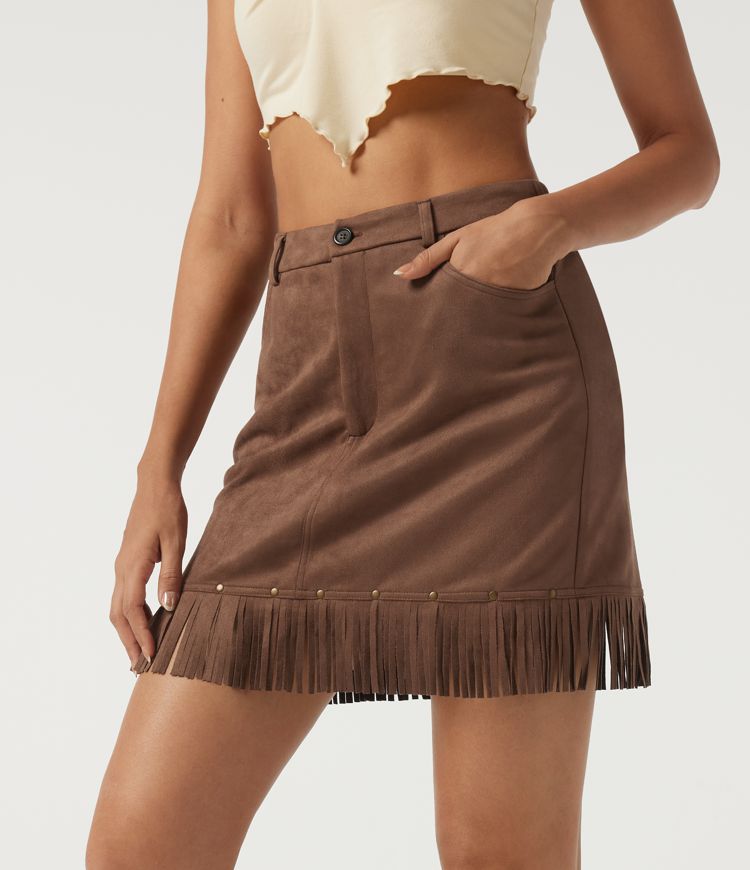 High Waisted A-Line Fringe Suede Casual Mini Skirt with Built-in Shorts and Pockets