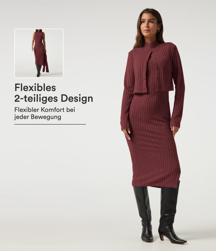 Figurbetontes 2-teiliges Büro-Midikleid mit Stehkragen und langen Ärmeln