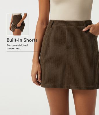 High Waisted 2-in-1 A Line Mini Corduroy Casual Skirt with Pockets