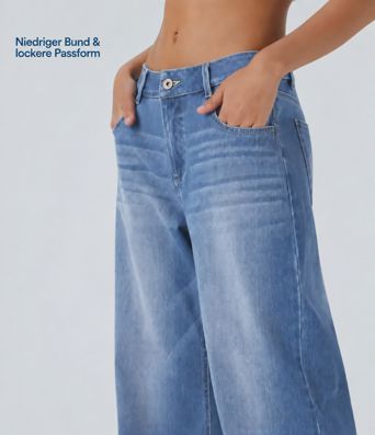 Halara Flex™ lässige, verwaschene Baggy Jeans aus elastischem Strick-Denim mit niedrigem Bund, Knopf, Reißverschluss, mehreren Taschen und weitem Bein Halara Flex™ lässige, verwaschene Baggy Jeans aus elastischem Strick-Denim mit niedrigem Bund, Knopf, Reißverschluss, mehreren Taschen und weitem Bein