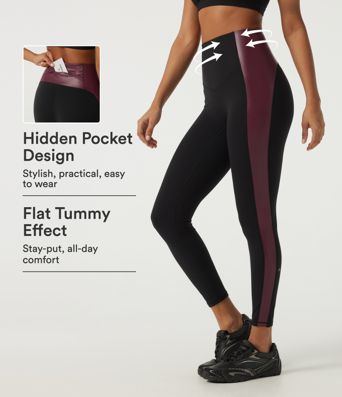 High-Waist Yoga-Leggings aus dehnbarem PU mit bauchformendem Effekt, Color-Block-Design und Tasche
