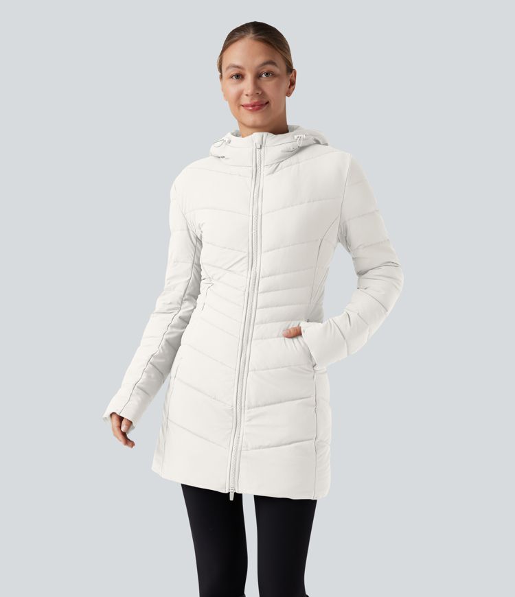 PuffFlex - Lässige, gefütterte Jacke mit Kapuze und Seitentaschen - extralang, stretchy