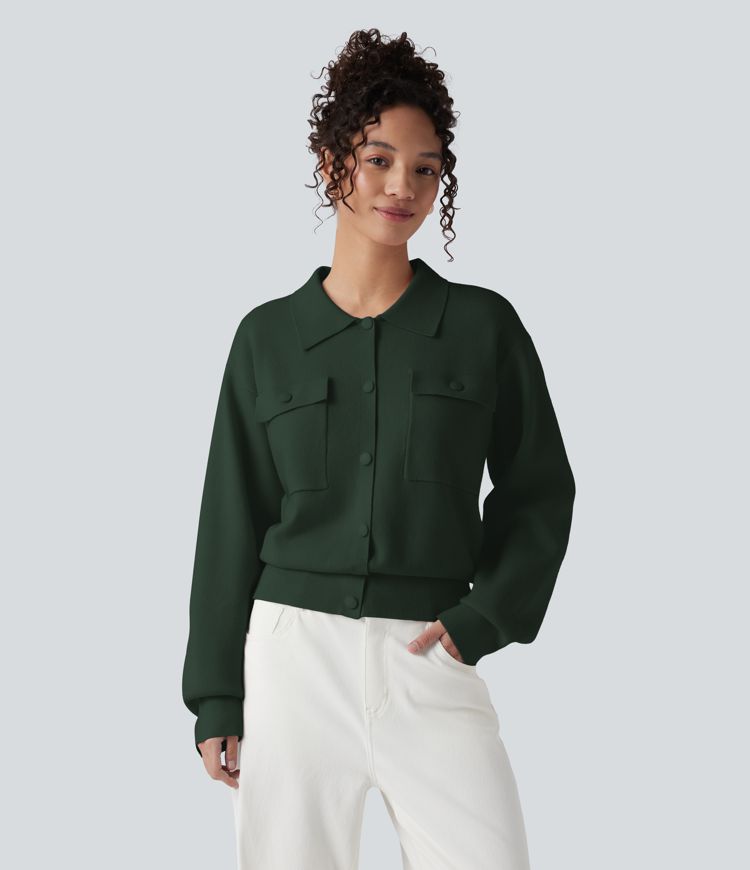 Casual pullover with collar, button placket, chest pockets, and long sleeves