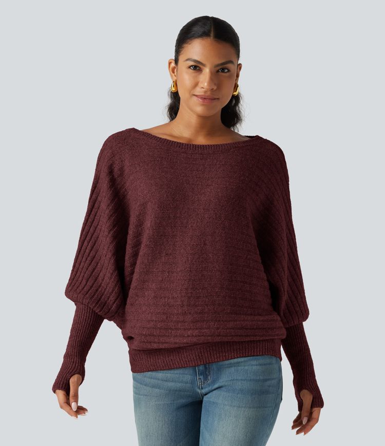 Boat Neck Batwing Long Sleeve Thumb Hole Casual Wool-Blend Sweater