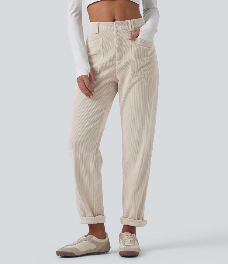Mid Rise Tapered Corduroy Casual Pants with Pockets