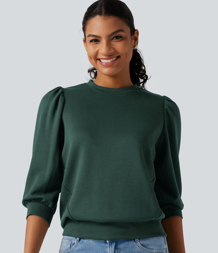 Round Neck Puff 3/4 Sleeve Casual Sweatshirt