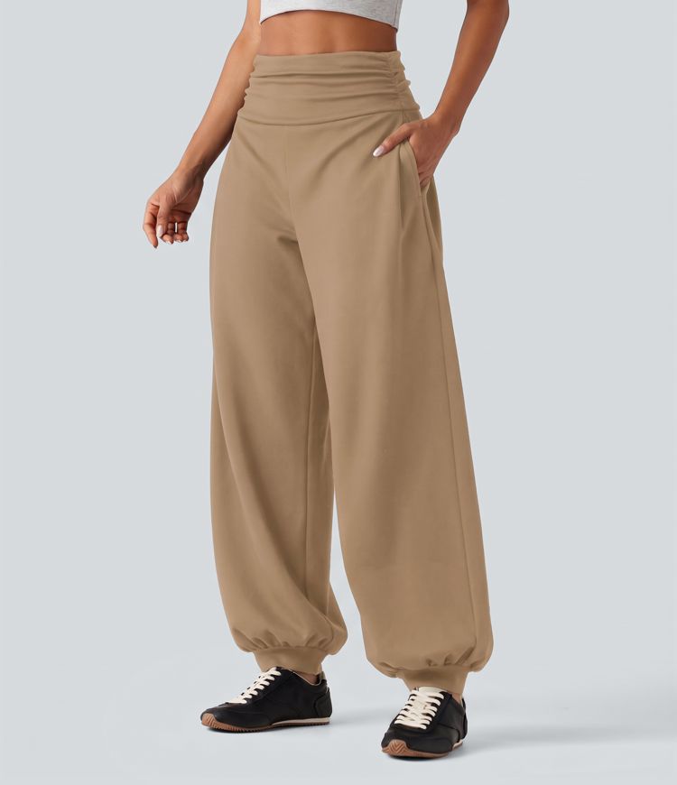 High Waisted Ruched Balloon Casual Joggers with Pockets