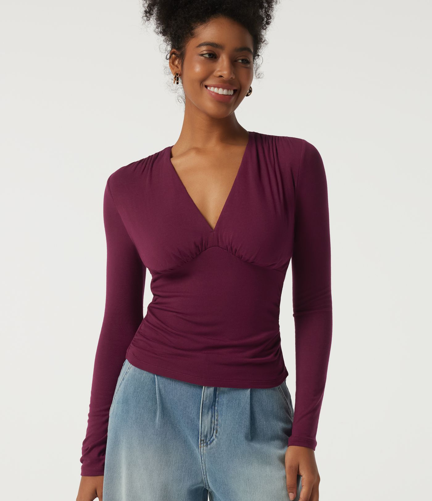 Ribbed V Neck Long Sleeve Ruched Casual Top with Built-in Bra Ribbed V Neck Long Sleeve Ruched Casual Top with Built-in Bra