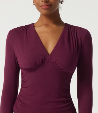 Ribbed V Neck Long Sleeve Ruched Casual Top with Built-in Bra Ribbed V Neck Long Sleeve Ruched Casual Top with Built-in Bra