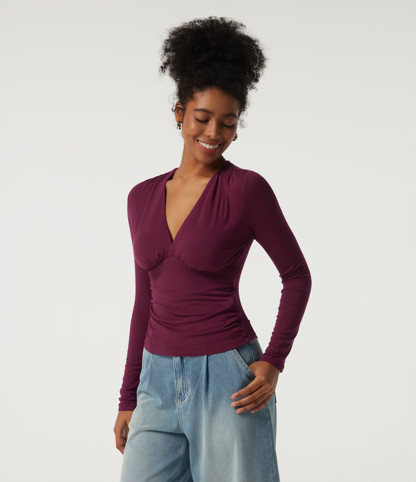 Ribbed V Neck Long Sleeve Ruched Casual Top with Built-in Bra Ribbed V Neck Long Sleeve Ruched Casual Top with Built-in Bra