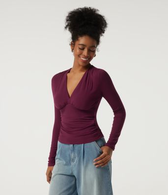 Ribbed V Neck Long Sleeve Ruched Casual Top with Built-in Bra Ribbed V Neck Long Sleeve Ruched Casual Top with Built-in Bra
