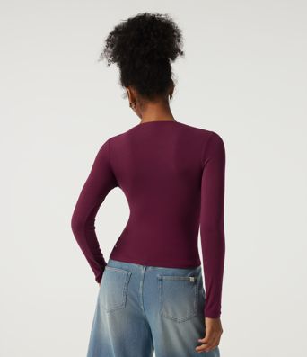 Ribbed V Neck Long Sleeve Ruched Casual Top with Built-in Bra Ribbed V Neck Long Sleeve Ruched Casual Top with Built-in Bra