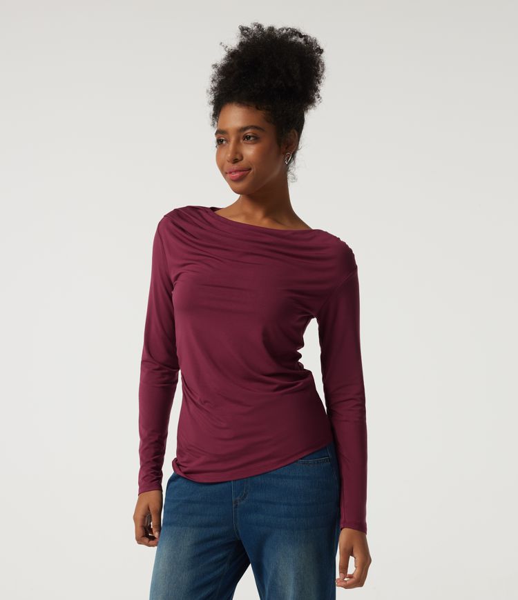 Boat Neck Long Sleeve Ruched Work Top