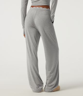 Mid Rise Wide Leg Drawstring Contrast Lace Lounge Pants with Pockets Mid Rise Wide Leg Drawstring Contrast Lace Lounge Pants with Pockets
