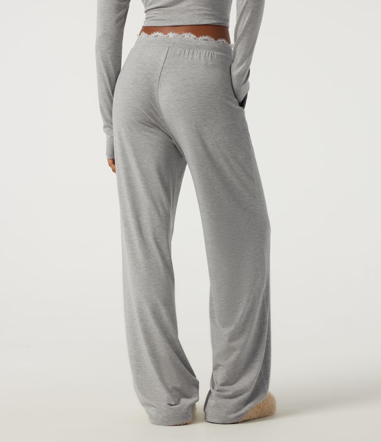 Mid Rise Wide Leg Drawstring Contrast Lace Lounge Pants with Pockets Mid Rise Wide Leg Drawstring Contrast Lace Lounge Pants with Pockets