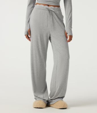 Mid Rise Wide Leg Drawstring Contrast Lace Lounge Pants with Pockets Mid Rise Wide Leg Drawstring Contrast Lace Lounge Pants with Pockets