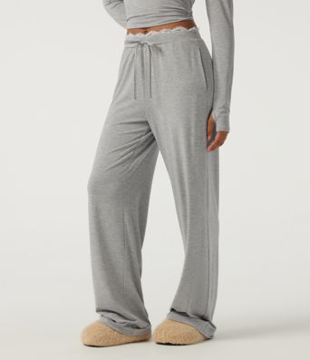 Mid Rise Wide Leg Drawstring Contrast Lace Lounge Pants with Pockets Mid Rise Wide Leg Drawstring Contrast Lace Lounge Pants with Pockets