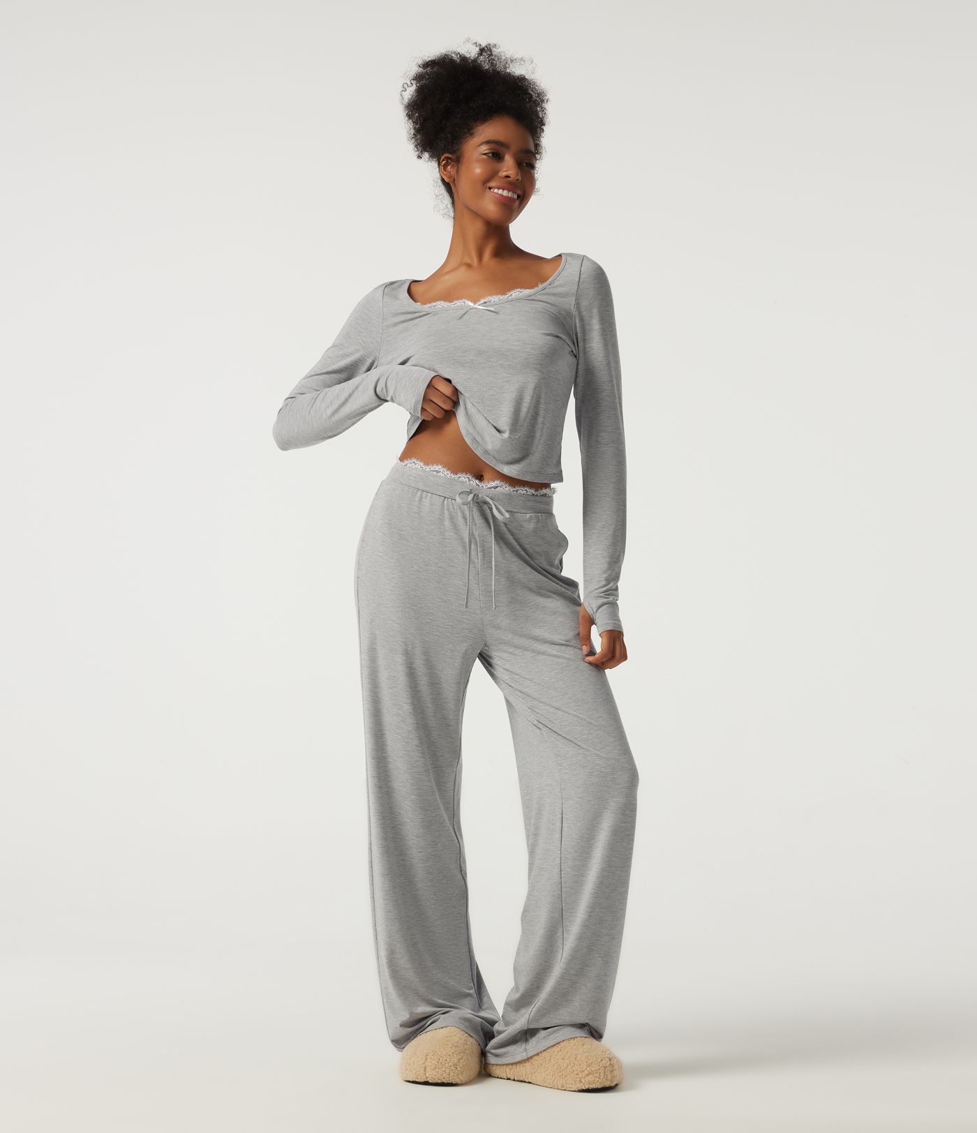 Mid Rise Wide Leg Drawstring Contrast Lace Lounge Pants with Pockets Mid Rise Wide Leg Drawstring Contrast Lace Lounge Pants with Pockets