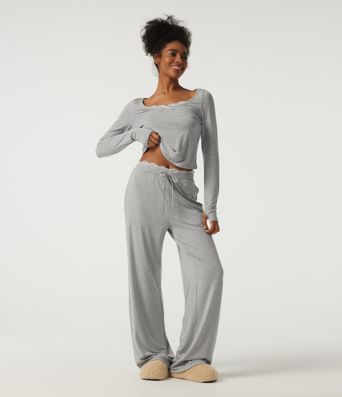 Mid Rise Wide Leg Drawstring Contrast Lace Lounge Pants with Pockets Mid Rise Wide Leg Drawstring Contrast Lace Lounge Pants with Pockets