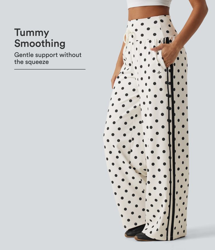High Waisted Drawstring Tummy Control Polka Dot Side Stripe Wide Leg Casual Pants with Pockets
