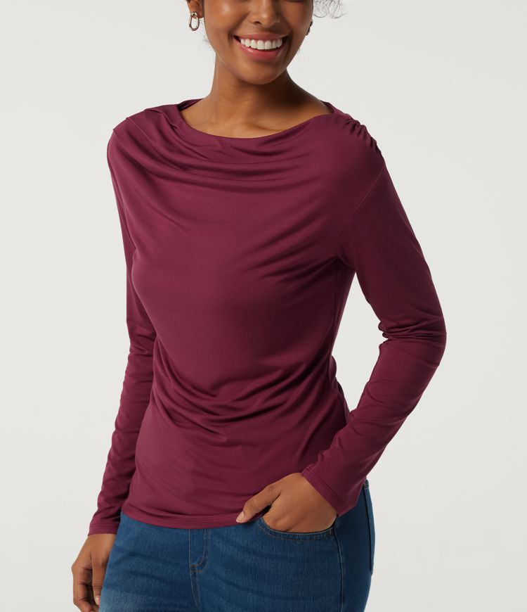 Boat Neck Long Sleeve Ruched Work Top