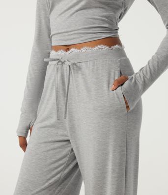 Mid Rise Wide Leg Drawstring Contrast Lace Lounge Pants with Pockets Mid Rise Wide Leg Drawstring Contrast Lace Lounge Pants with Pockets