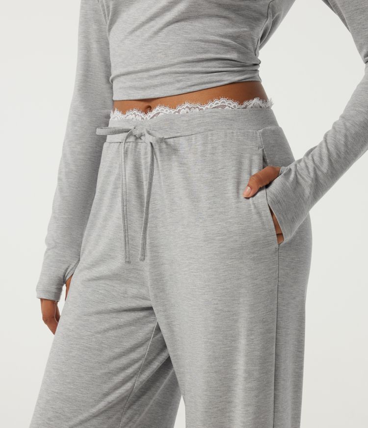 Mid Rise Wide Leg Drawstring Contrast Lace Lounge Pants with Pockets Mid Rise Wide Leg Drawstring Contrast Lace Lounge Pants with Pockets
