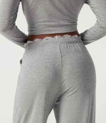 Mid Rise Wide Leg Drawstring Contrast Lace Lounge Pants with Pockets Mid Rise Wide Leg Drawstring Contrast Lace Lounge Pants with Pockets