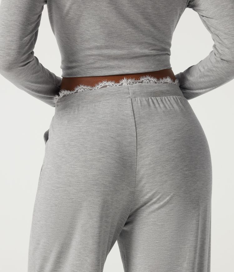 Mid Rise Wide Leg Drawstring Contrast Lace Lounge Pants with Pockets Mid Rise Wide Leg Drawstring Contrast Lace Lounge Pants with Pockets