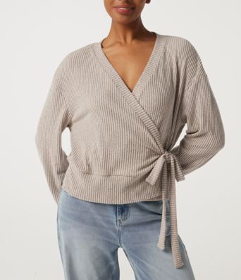 Ribbed Knit V Neck Long Sleeve Tie Side Wrapped Casual Top Ribbed Knit V Neck Long Sleeve Tie Side Wrapped Casual Top