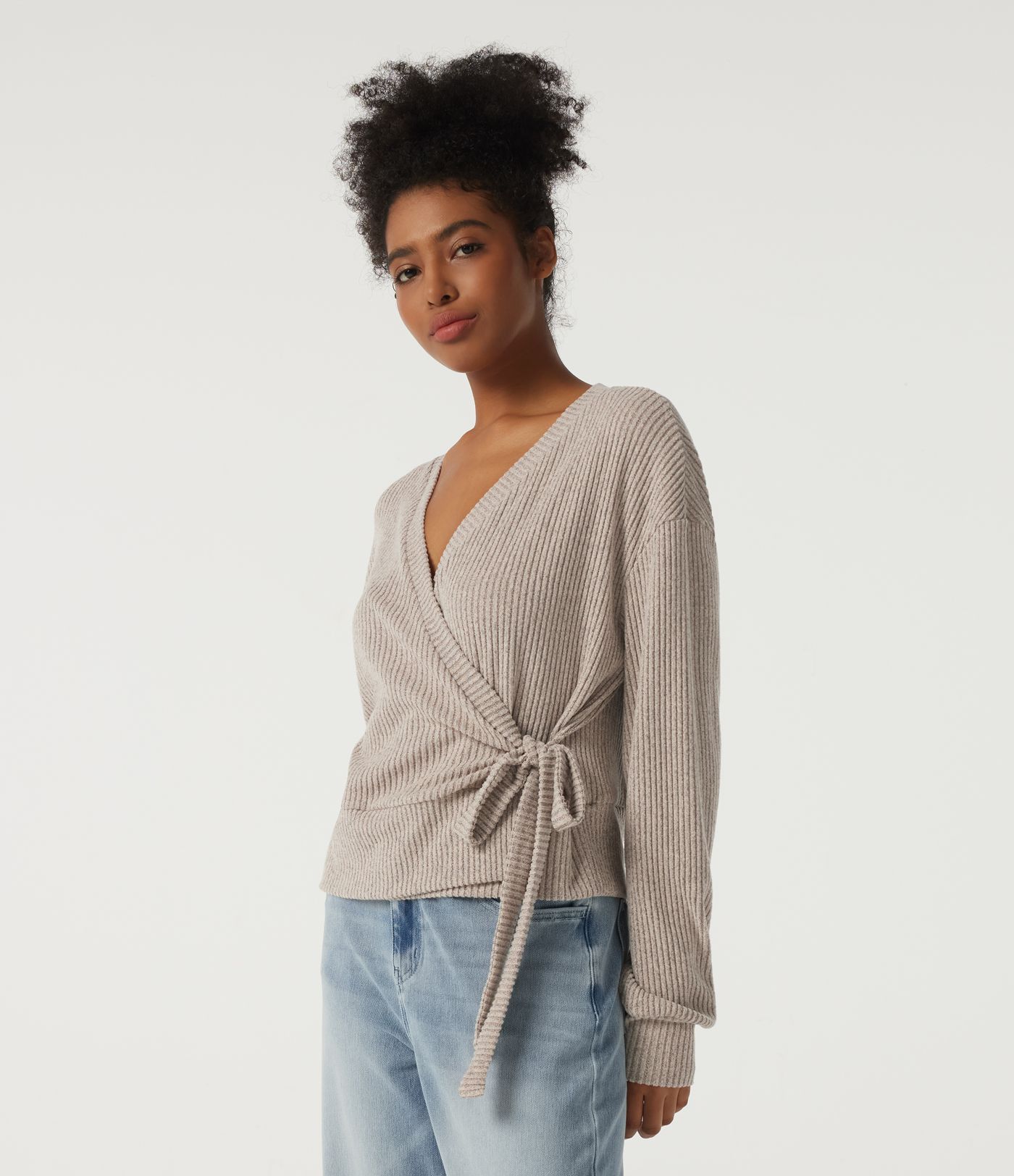 Ribbed Knit V Neck Long Sleeve Tie Side Wrapped Casual Top Ribbed Knit V Neck Long Sleeve Tie Side Wrapped Casual Top