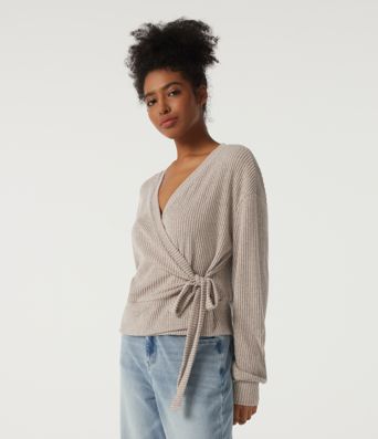 Ribbed Knit V Neck Long Sleeve Tie Side Wrapped Casual Top Ribbed Knit V Neck Long Sleeve Tie Side Wrapped Casual Top