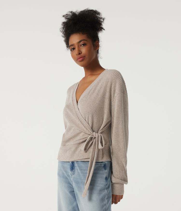 Ribbed Knit V Neck Long Sleeve Tie Side Wrapped Casual Top Ribbed Knit V Neck Long Sleeve Tie Side Wrapped Casual Top