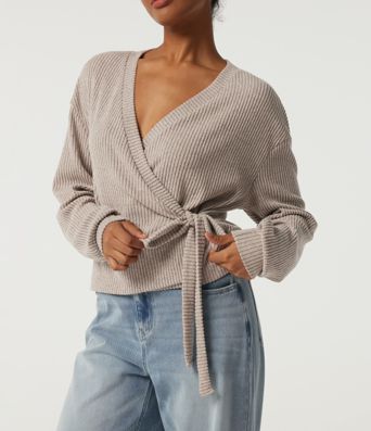Ribbed Knit V Neck Long Sleeve Tie Side Wrapped Casual Top Ribbed Knit V Neck Long Sleeve Tie Side Wrapped Casual Top