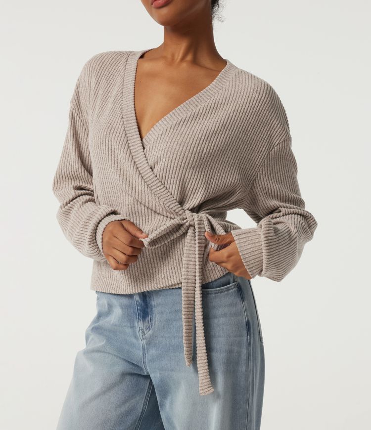 Ribbed Knit V Neck Long Sleeve Tie Side Wrapped Casual Top Ribbed Knit V Neck Long Sleeve Tie Side Wrapped Casual Top