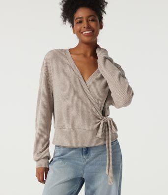 Ribbed Knit V Neck Long Sleeve Tie Side Wrapped Casual Top Ribbed Knit V Neck Long Sleeve Tie Side Wrapped Casual Top