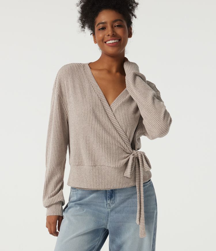 Ribbed Knit V Neck Long Sleeve Tie Side Wrapped Casual Top Ribbed Knit V Neck Long Sleeve Tie Side Wrapped Casual Top