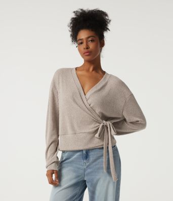 Ribbed Knit V Neck Long Sleeve Tie Side Wrapped Casual Top Ribbed Knit V Neck Long Sleeve Tie Side Wrapped Casual Top