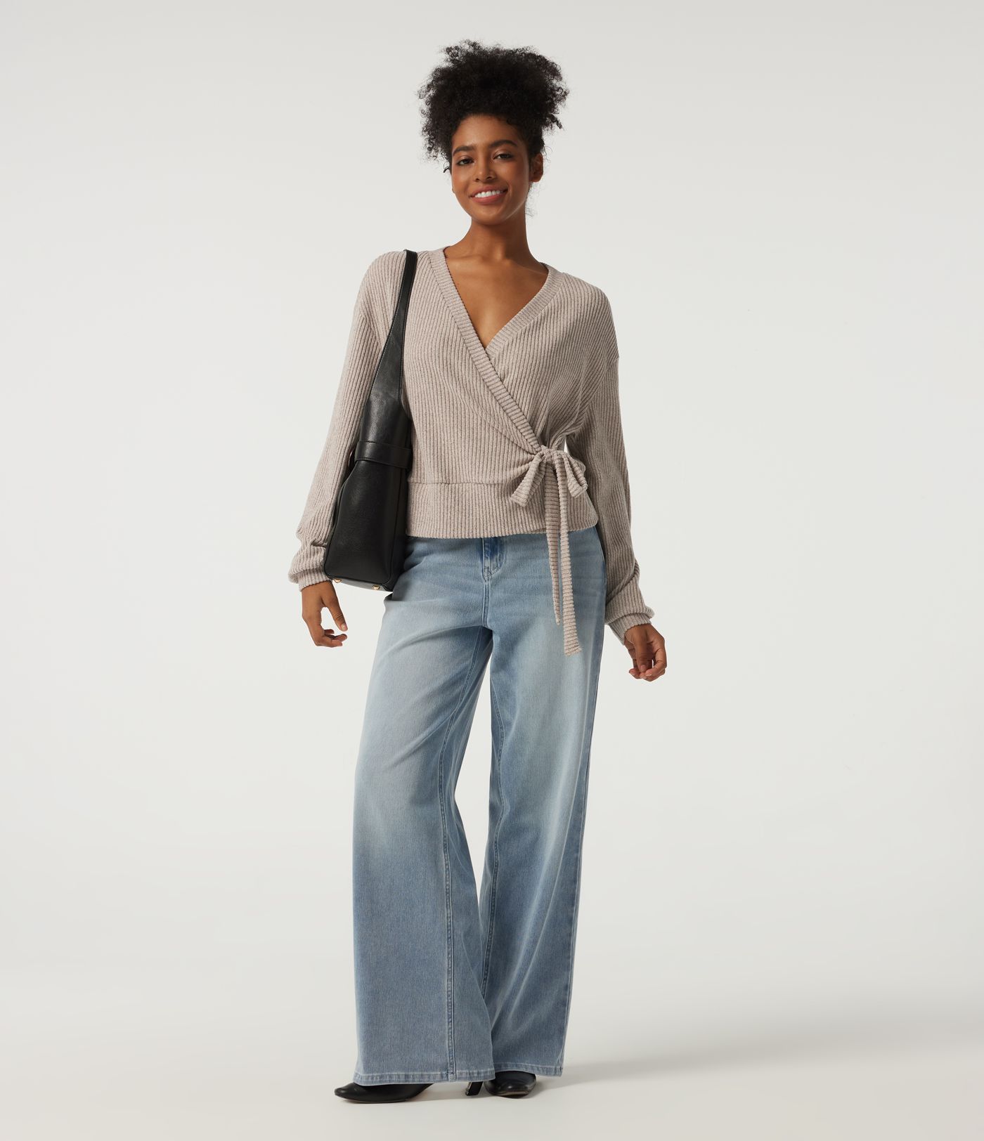 Ribbed Knit V Neck Long Sleeve Tie Side Wrapped Casual Top Ribbed Knit V Neck Long Sleeve Tie Side Wrapped Casual Top