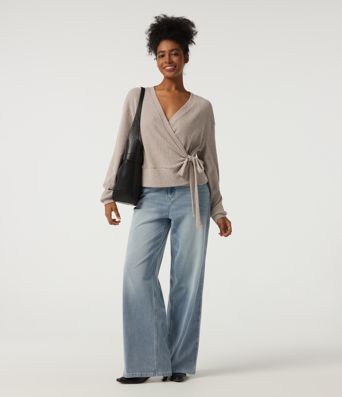 Ribbed Knit V Neck Long Sleeve Tie Side Wrapped Casual Top Ribbed Knit V Neck Long Sleeve Tie Side Wrapped Casual Top