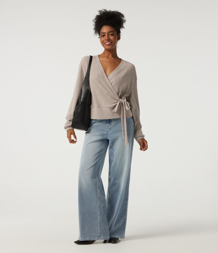 Ribbed Knit V Neck Long Sleeve Tie Side Wrapped Casual Top Ribbed Knit V Neck Long Sleeve Tie Side Wrapped Casual Top
