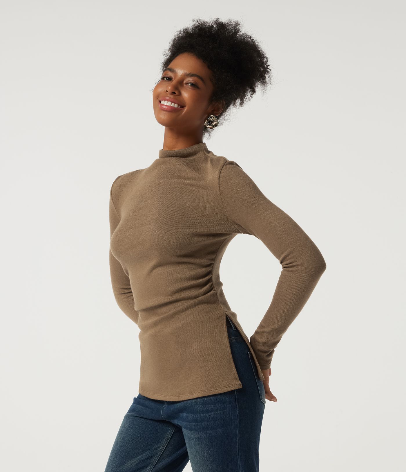 Mock Neck Long Sleeve Split Hem Ruched Casual Top