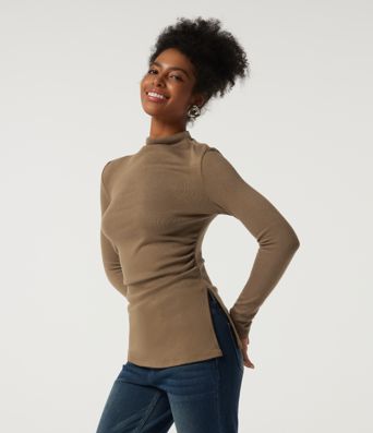 Mock Neck Long Sleeve Split Hem Ruched Casual Top