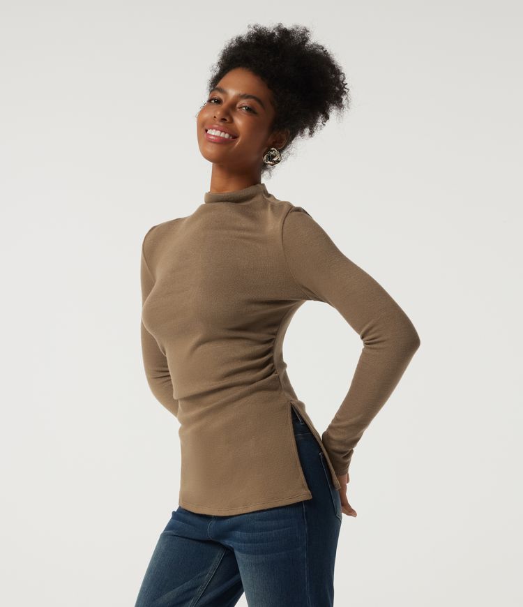 Mock Neck Long Sleeve Split Hem Ruched Casual Top