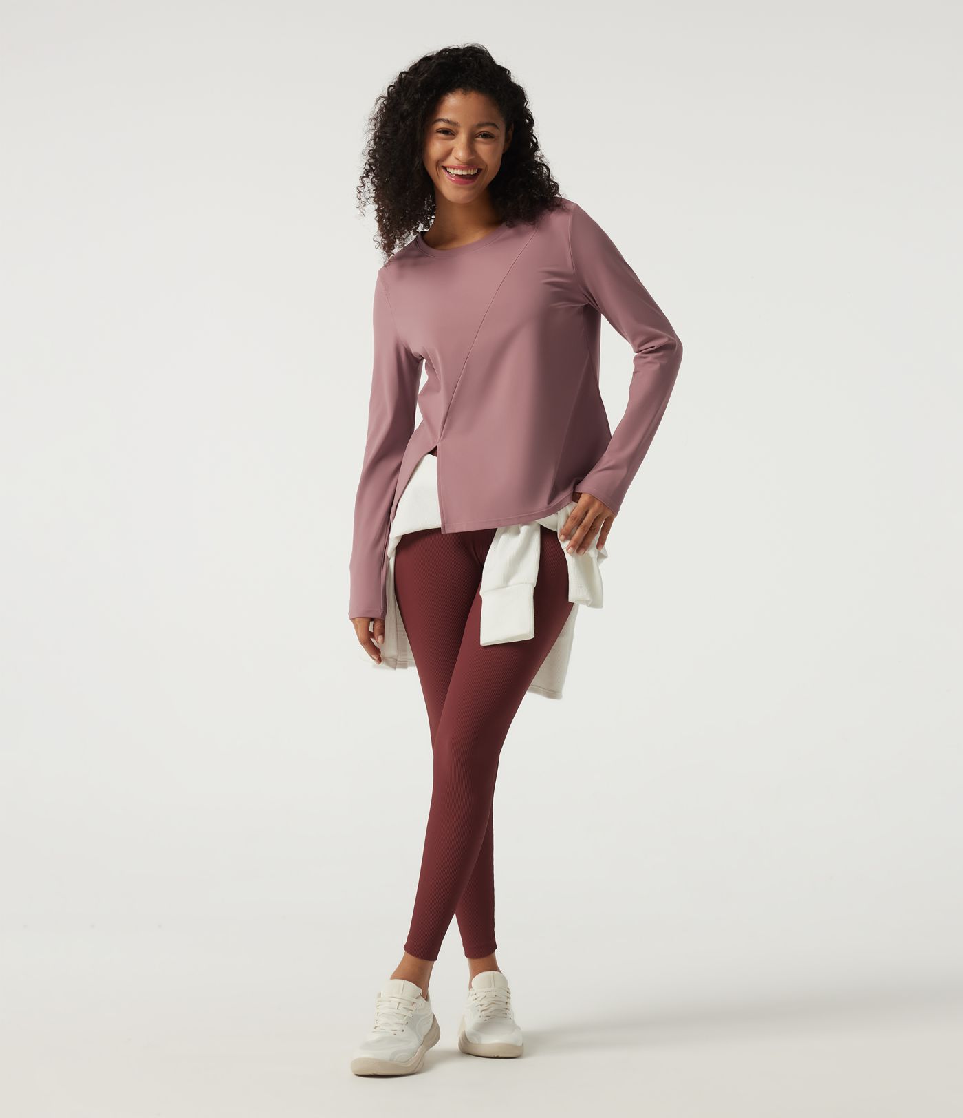Round Neck Quick Dry Long Sleeve Seam Split Hem Running Sports Top-UPF50+